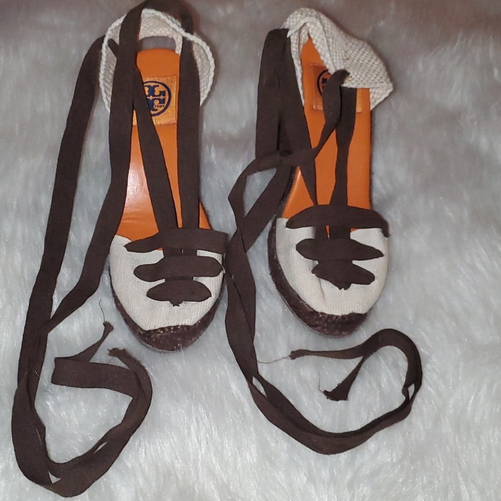 Tory Burch Cream and Brown Wedges